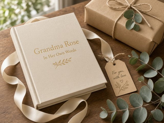A cream linen hardcover titled Grandma Rose, In Her Own Words, beside a wrapped gift and a tag that says For you, with love.