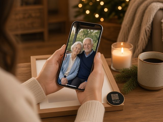 Hands holding a phone that plays a moving portrait above a framed print.