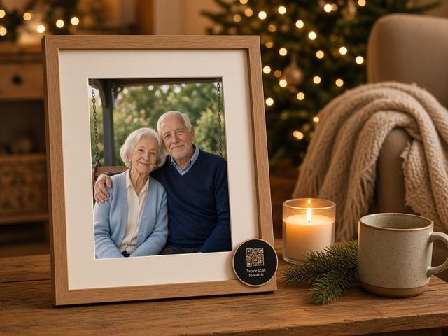 A framed print of an older couple on a porch swing, on a side table beside a candle, with a round scan tag on the frame's corner.